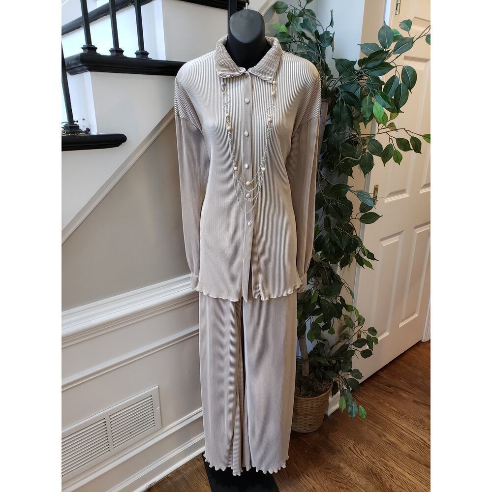 Champagne Pleated Lounge Set 2-Piece Button Top Wide Leg Pants XL Stretch